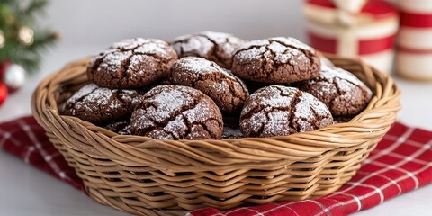  Freshly baked chocolate cookies with powdered sugar, arranged in a woven basket on a festive red tablecloth.