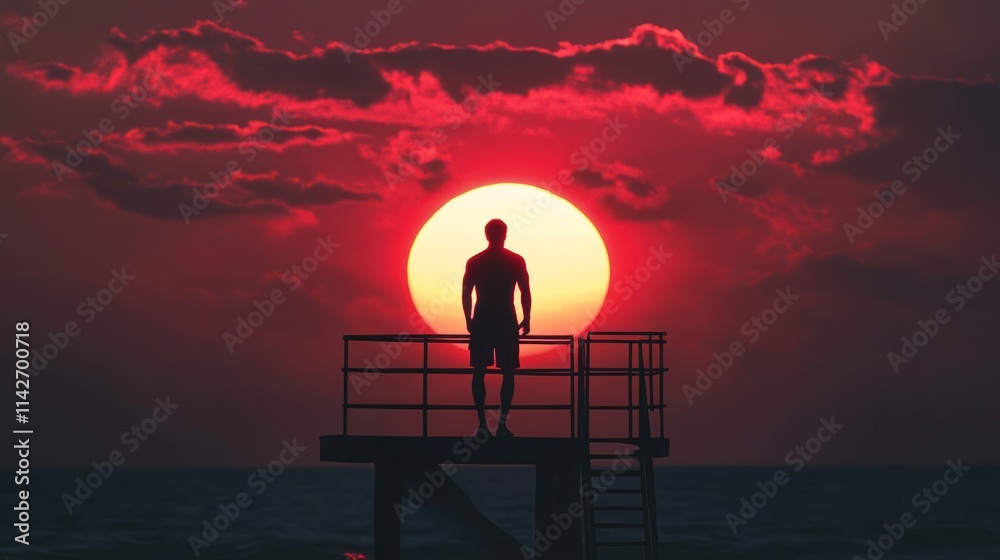 Poster A silhouette of a person standing on a dock at sunset, creating a serene atmosphere.