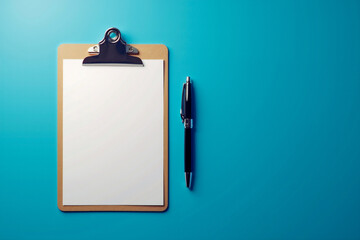 Clipboard with Blank Paper and Pen on Blue Background