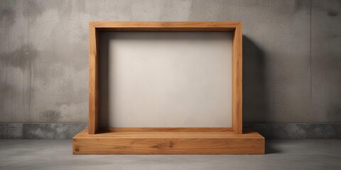 Empty wooden shadow box for display mounted on concrete, empty frame, room for text, presentation, mockup, announcement
