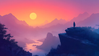 Solitary Figure Watching Sunset Over Mountainous Landscape