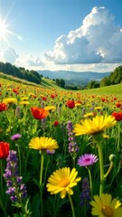 Fototapeta premium Landscape green meadow with vibrant wildflowers — yellow, red, and purple, golden sunlight. Mountain in the background, spring, gardening, poster, postcard, screensaver, wallpaper