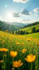 Fototapeta premium Landscape green meadow with vibrant wildflowers — yellow, red, and purple, golden sunlight. Mountain in the background, spring, gardening, poster, postcard, screensaver, wallpaper