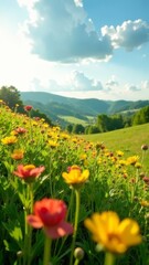 Obraz premium Landscape summer green meadow with vibrant wildflowers — yellow, red, field, golden sunlight. Mountain in the background, spring, gardening, poster, postcard, screensaver, wallpaper