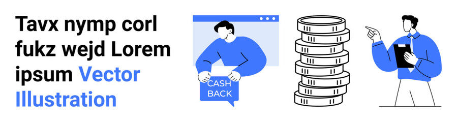 Three primary elements including a person presenting cashback via a screen, a large stack of coins, and a business professional analyzing data. Ideal for finance, business, analysis, saving