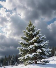 Evergreen tree with snow-topped branches against cloudy sky, evergreen, tree, sky, cloudy