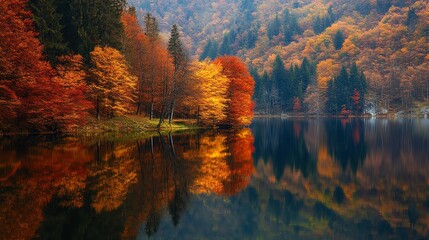 Naklejka premium A serene autumn landscape with colorful trees reflected in water.