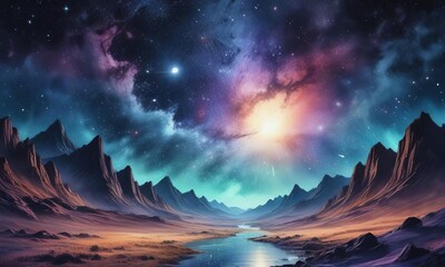 Naklejka premium Fantasy watercolor painting of a cosmic starry night, universe, cosmic, stars