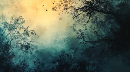Fototapeta premium A serene landscape with mist, trees, and birds soaring above.