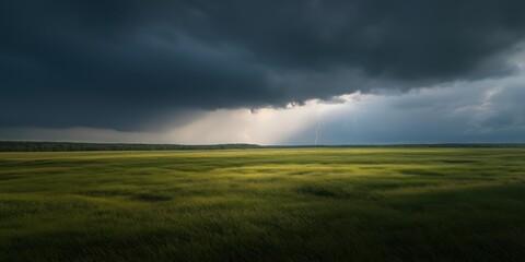 Thunderstorm with lightning over wide grassland, dark clouds creating a dramatic and intense atmosphere.