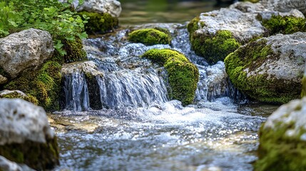 Fototapeta premium A serene stream flowing over mossy rocks in a tranquil setting.