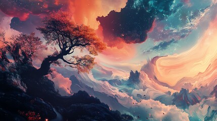 Fototapeta premium A stunning surreal landscape with vibrant colors and dramatic skies.