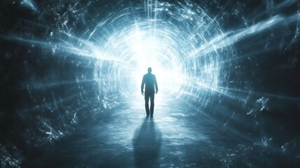 Fototapeta premium A silhouette walks towards a bright, ethereal tunnel of light, symbolizing hope or transition.