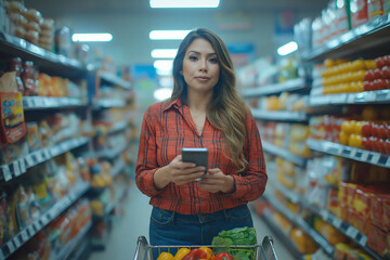 Hispanic woman shopping for fresh produce with smartphone in grocery store. Generative AI