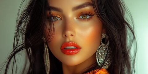 Fototapeta premium Young woman with striking makeup and stylish earrings posing against a subtle backdrop while showcasing her confident expression and captivating beauty in a bright and vibrant setting