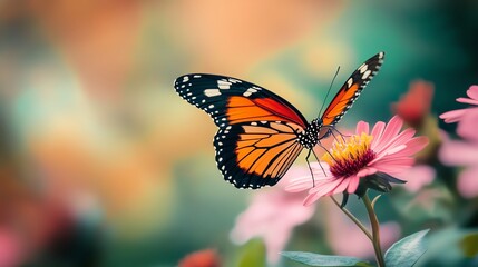 A vibrant butterfly perched on a colorful flower blossom.