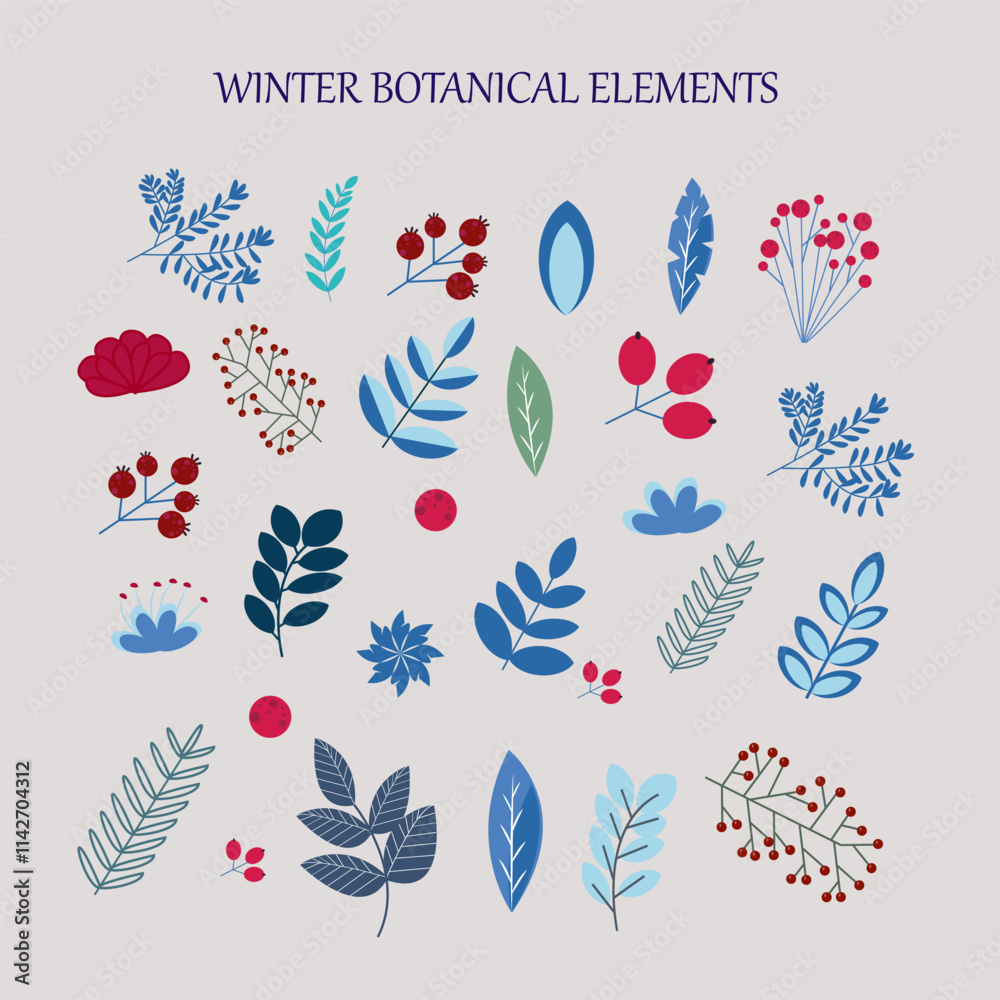Fototapete print winter plants design elements natural elements flat color vector objects set. new year holiday