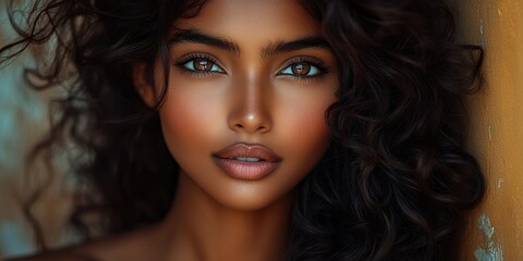 Fototapeta premium Beautiful young woman with curly hair and striking features poses against a textured wall in soft natural light