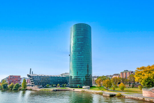 Frankfurt WESTHAFEN tower at river Main in the west harbor area. The West harbor Tower won the famous Martin-Elsaesser-plate in 2004  by BDA