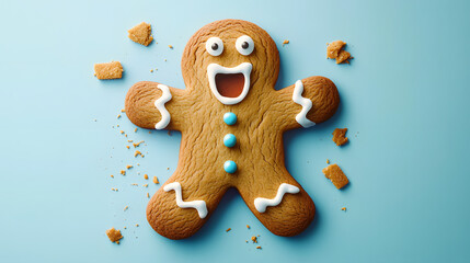 cracked gingerbread man cookie with surprised expression on blue background