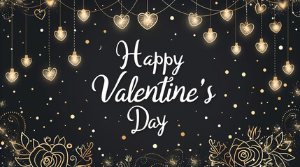 Elegant black Valentine&rsquo;s Day card with glowing golden hearts and roses