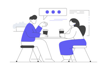 Coffee break. Characters Together in Loft Coffee Shop Date. Drinking Coffee. Woman and Man Meeting and Talking in Coffeehouse or Cafe. Flat Cartoon Vector Illustration, icon. Stylish abstract Blue  