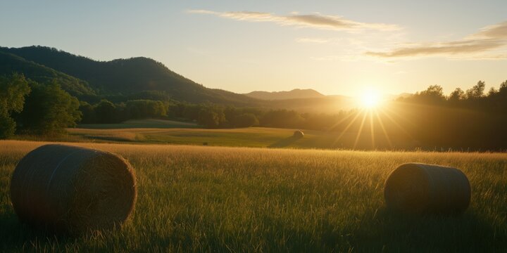 A serene countryside landscape at sunset, with hay bales scattered across a field near wooded rolling hills.