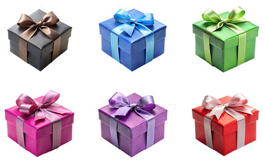 Collection set of colorful gift boxes with bow ribbons isolated on transparent background, Christmas, birthday, anniversary or Valentine's, holiday decor
