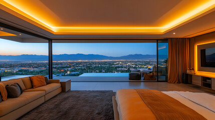 Fototapeta premium Luxury Bedroom with City View Illustration