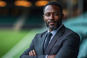 Obraz premium Coach or football club director standing confidently in a stadium, dressed in a formal suit, with a slightly blurred background featuring a green football pitch. Professional trainer pose