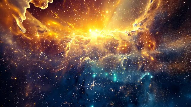 A stunning celestial nebula glows with brilliant oranges and blues, showcasing the spectacular process of star formation in the vastness of space.
