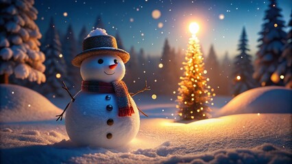 Fototapeta premium Low Light Snowman Photography: Magical Winter Night Scenes, Snowy Backdrop, Christmas Card Backgrounds, Winter Wonderland