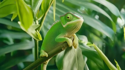 Green chameleon resting on a branch surrounded by vibrant foliage during daylight hours