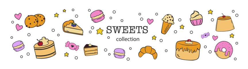 Set Of Dessert Sweets Isolated Silhouette Solid Icons. Assorted desserts and sweets. Cake illustration collection with pastry goods.
