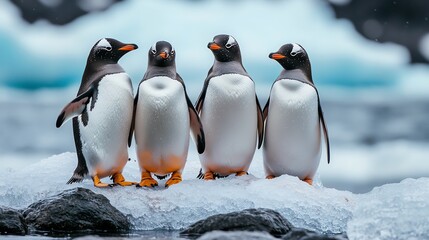 Obraz premium Four adorable penguins standing on ice in a serene environment.