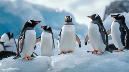 Fototapeta premium Group of penguins gathering on icy terrain in a cold environment.