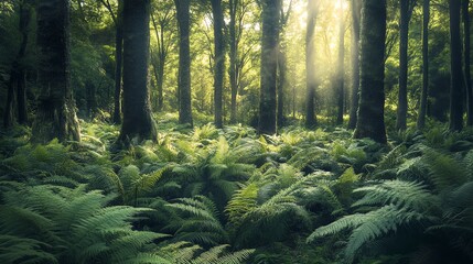 Obraz premium Lush forest with sunlight filtering through the trees and ferns.