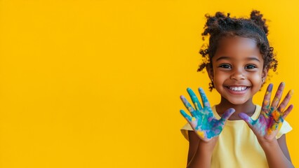An african american 5 year old girl with colored ink on her hands, yellow 4k background with copy space