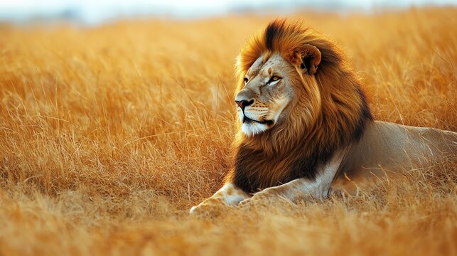 Majestic lion resting in golden grass under a clear blue sky.