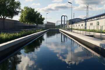 Naklejka premium Modern Water Treatment Plant: Serene Reflection