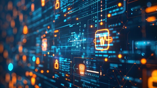 Futuristic digital analytics hub with advanced algorithms and automated cybernetic interface showcasing complex data visualization intelligent system technological innovation