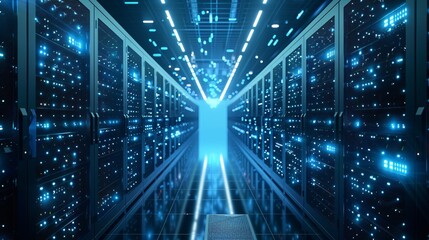Glowing Futuristic Data Center with Interconnected Server Racks and Digital Cables in an Illuminated Conceptual Environment