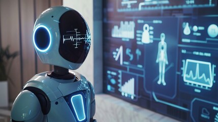 Humanoid robot monitoring and analyzing data on a futuristic digital dashboard interface with biometric sensors and analytical analytics for technology science and innovation concepts