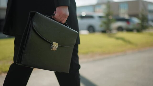 Back view of individual in black coat walking outdoors, holding briefcase firmly, surrounded by blurred cars, greenery, and modern glass buildings in urban setting under bright sunlight