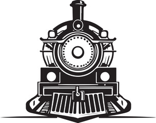 A black and white train logo type silhouette design