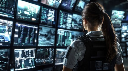 Female tech operator monitoring data on multiple screens in a futuristic control room.