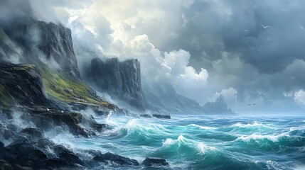 Fototapeta premium Stunning seascape with dramatic waves and rocky cliffs under clouds.