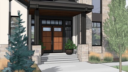Fototapeta premium Modern home entrance with wood door, stone accents, and landscaping.