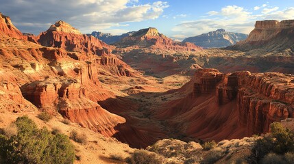 Naklejka premium Stunning sunset over rugged red rock canyons and valley.