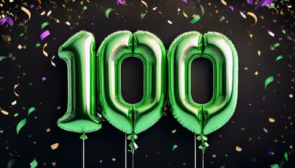 Green birthday / anniversary balloon, number 100, black background with confetti